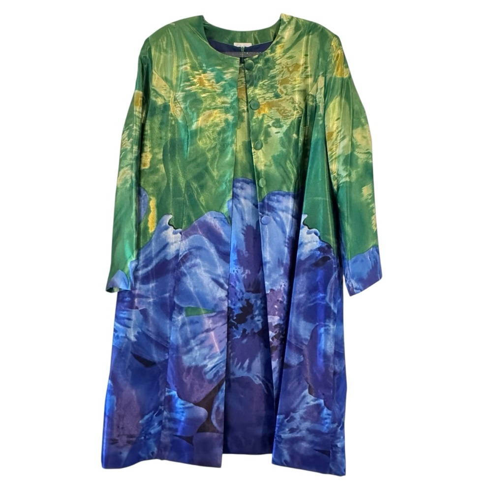 K. Jordan Maxi Coat & Dress Avant Garde Blue Green Floral Satin Set 16W - Picture 2 of 14